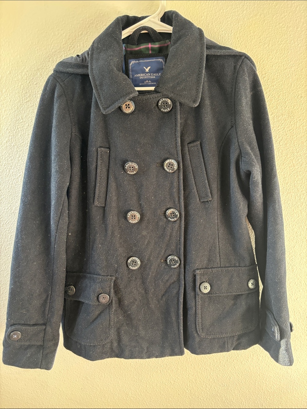 Vintage American Eagle Outfitters Dark Navy Wool Double-Breasted Peacoat Y2K